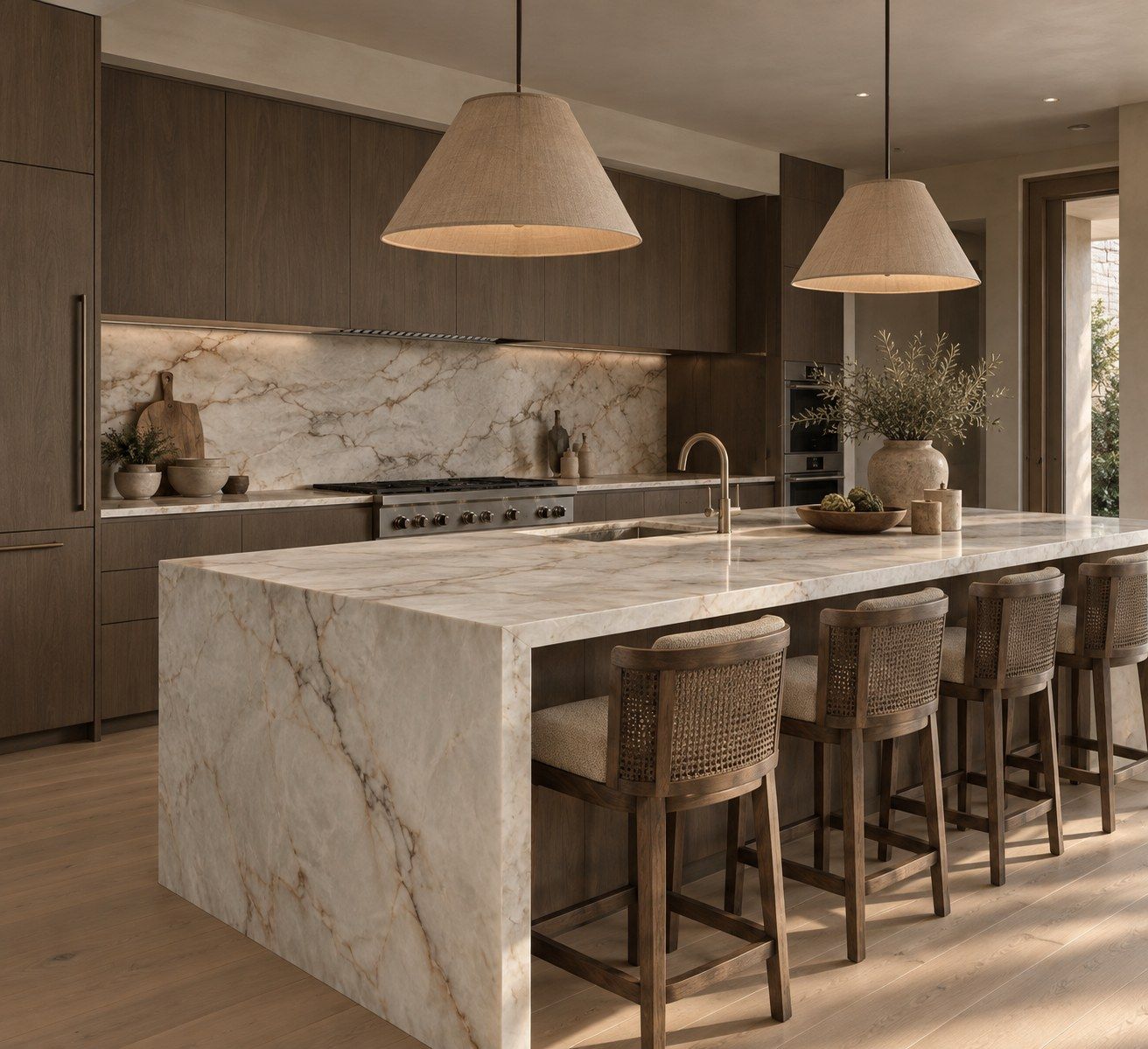 Cocina con isla de mármol y gabinetes de madera oscura