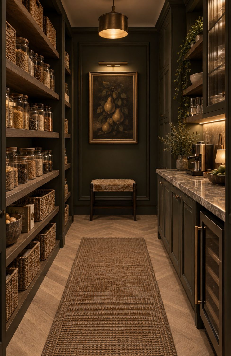 Despensa en verde oscuro con repisas de madera, frascos y canastas