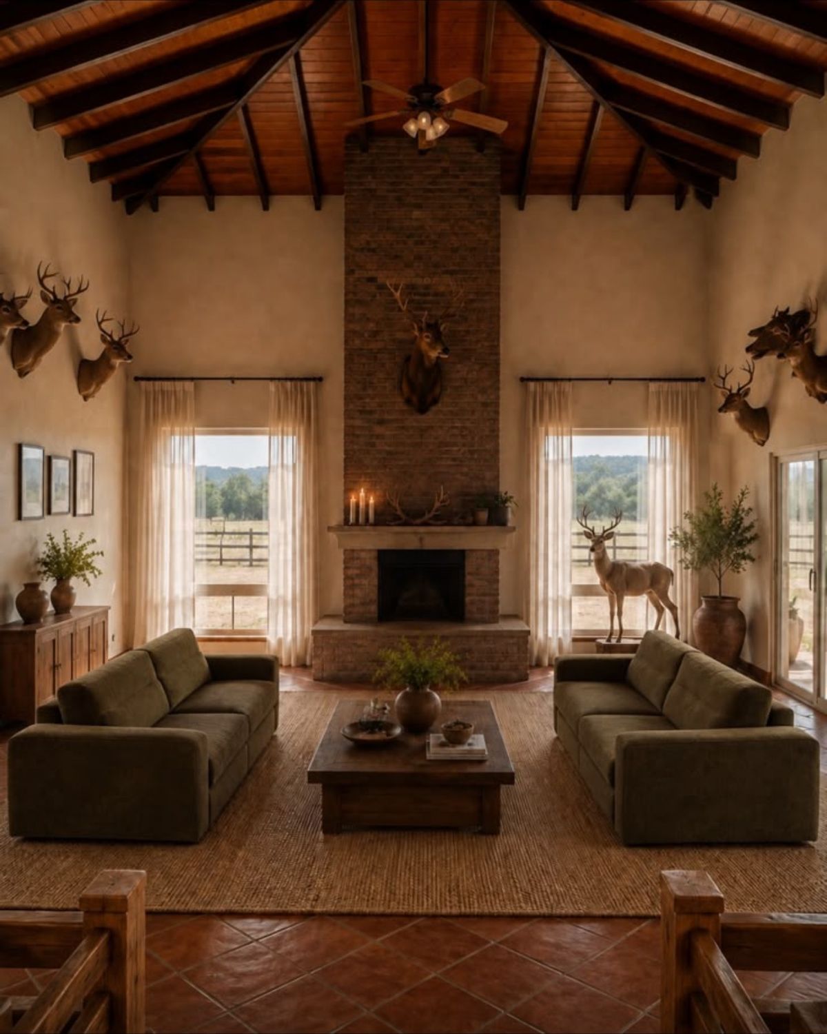 Sala de doble altura con chimenea de ladrillo, vigas de madera y sofás verdes
