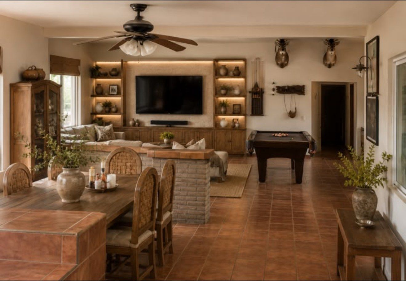 Sala de estar con mesa de billar, comedor de madera y librero iluminado